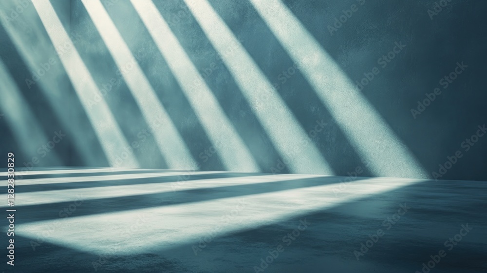 Poster light beams casting shadows in a minimalist space.