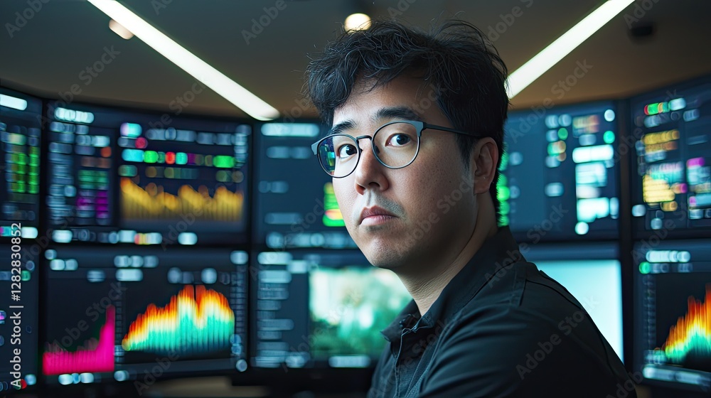 Poster a focused individual analyzing financial data against multiple screens displaying stock market trend