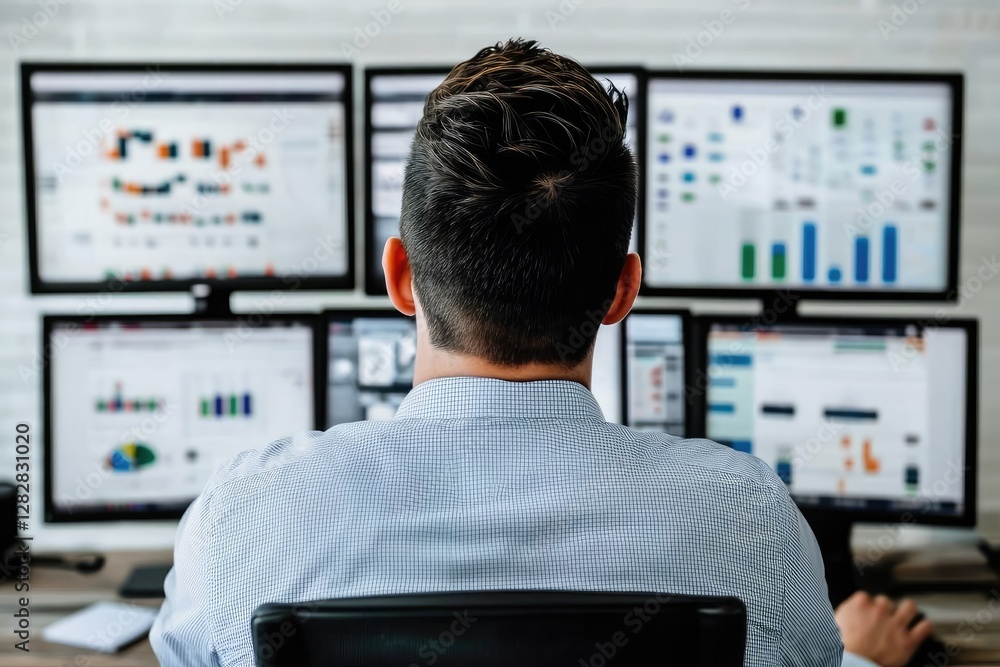 Poster a person analyzes data on multiple monitors, focusing on graphs and charts, showcasing a tech-savvy 