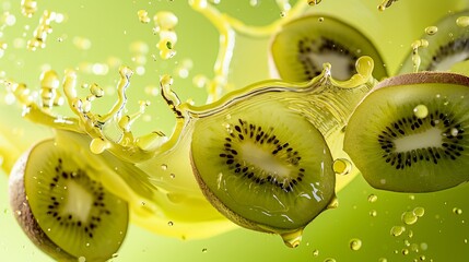 Fresh kiwi slices surrounded by splashes of juice on a vibrant green background.
