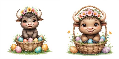 Fototapeta premium Cute Easter Calf Duo with Floral Crowns in Wicker Baskets Surrounded by Festive Eggs and Green Grass