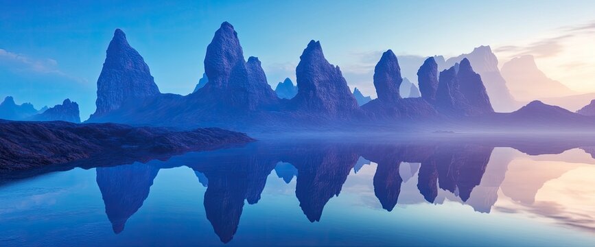 Misty mountain lake sunrise reflection; fantasy landscape