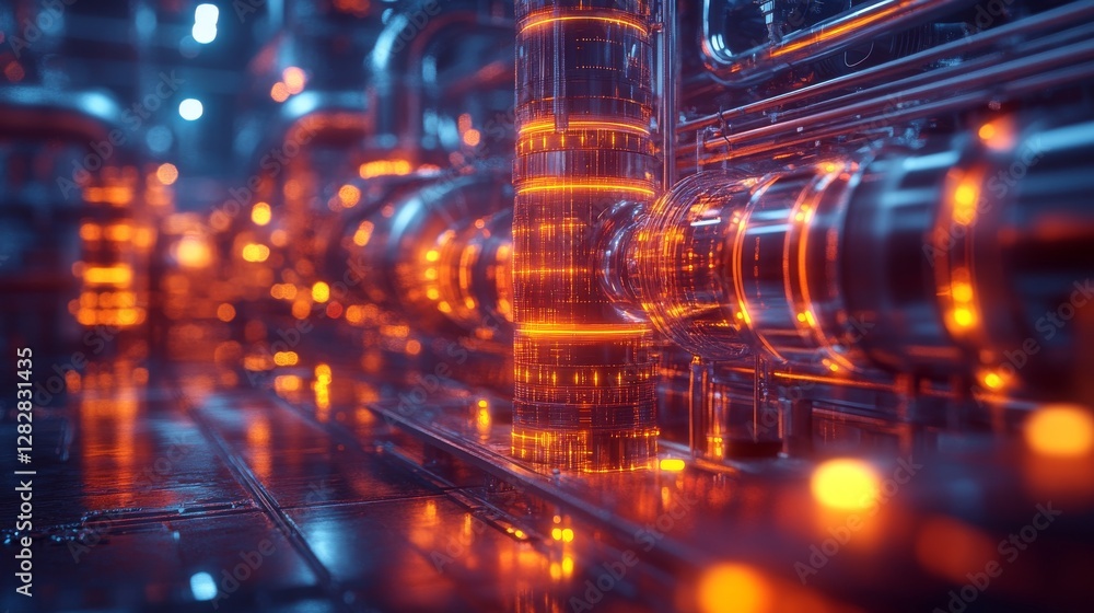 Poster futuristic engineering design with glowing pipes and abstract elements