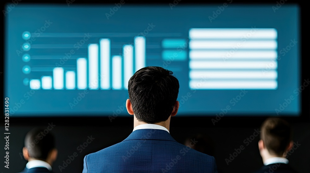 Poster a professional audience observes data visualizations on a screen, indicating a business meeting or p