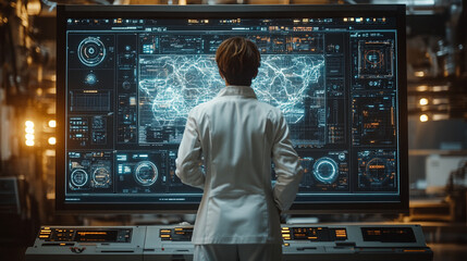 A technician analyzes data in a high-tech control room, surrounded by global connectivity maps, complex network operations, and digital interfaces, symbolizing innovation, precision, and global reach
