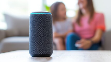 A smart speaker sits on a table while two people chat in the background, highlighting the integration of technology in daily life.
