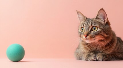 Cute tabby cat lying next to a turquoise ball on pink background