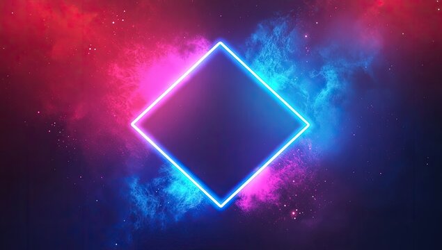 Glowing neon rhombus backdrop, cosmic nebula, digital art, design template