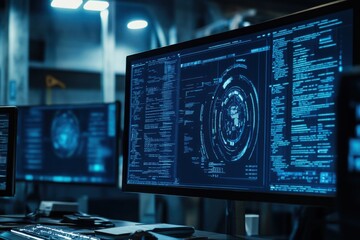 Computer screens displaying code and data in a server room