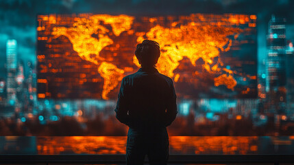 A technician analyzes data in a high-tech control room, surrounded by global connectivity maps, complex network operations, and digital interfaces, symbolizing innovation, precision, and global reach
