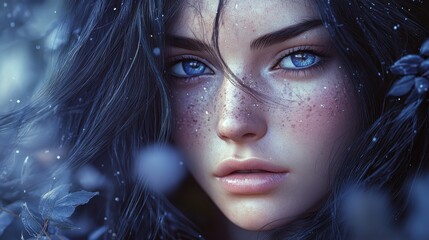 A woman with raven-black tresses that cascaded around her face like a waterfall, her natural beauty enhanced by a subtle touch of freckles that scattered across her nose and cheeks like