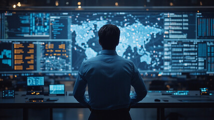 A technician analyzes data in a high-tech control room, surrounded by global connectivity maps, complex network operations, and digital interfaces, symbolizing innovation, precision, and global reach
