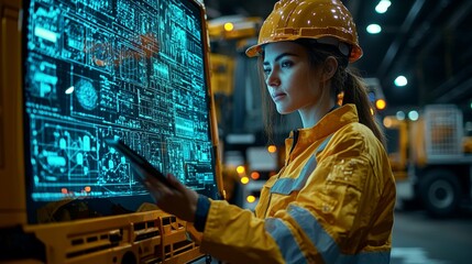 Innovative female engineer analyzing advanced machinery data industrial facility high-tech environment close-up view empowerment in technology