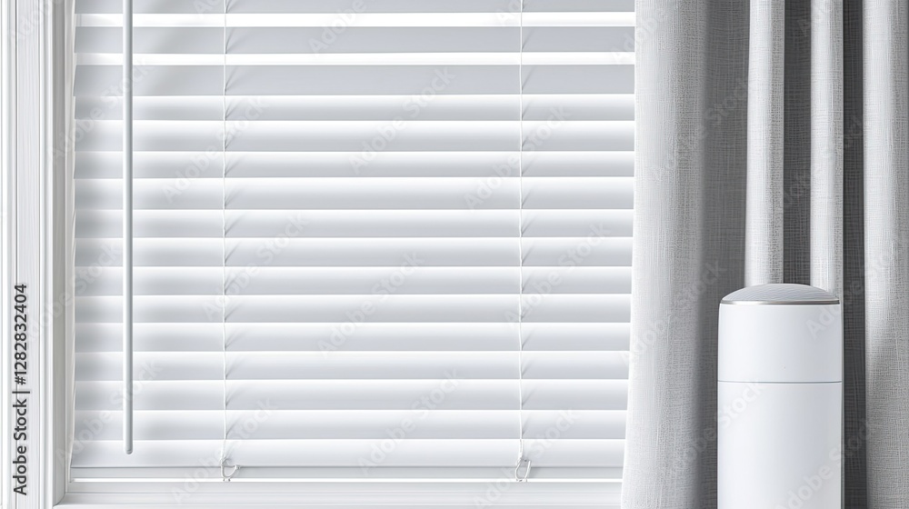 Poster a minimalist window featuring white blinds and soft curtains, creating a serene and modern atmospher