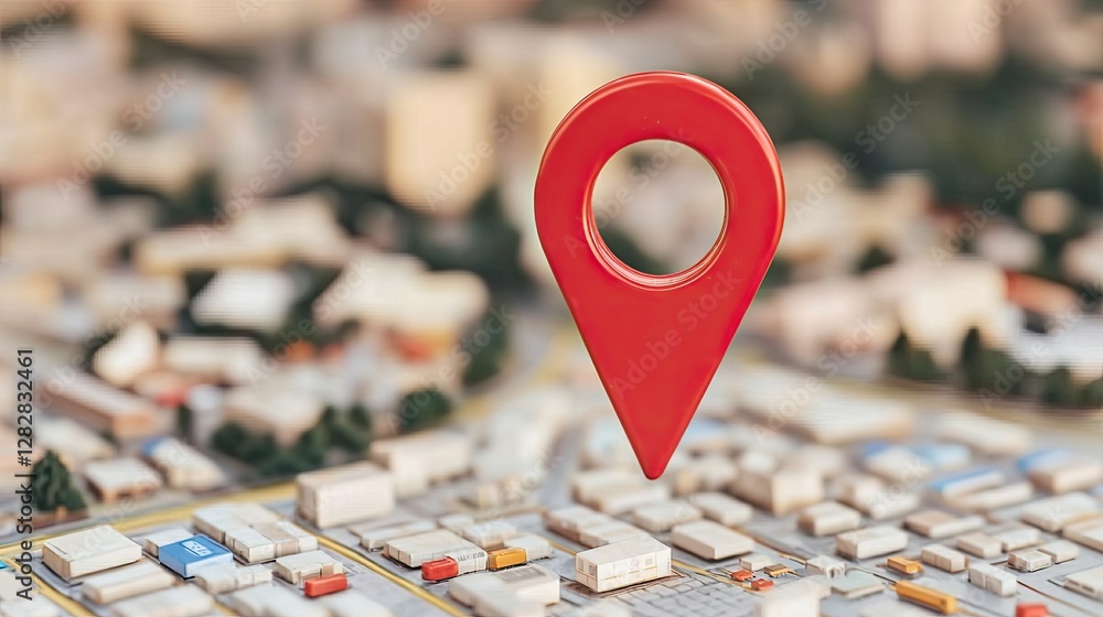 Poster a close-up of a red location pin over a miniature cityscape, symbolizing navigation and mapping in u