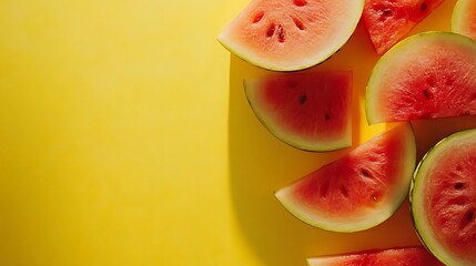 Watermelon slices on a yellow background, with a banner and copy space. Flat lay, top view, summer concept.