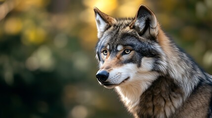 Fototapeta premium A wolf with its head tilted to the side and looking at something in front of or behind it. The body is light grey-brown on top but has dark brown fur around its neck.