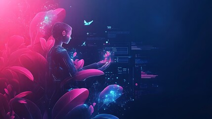 Digital Person Interacting With Futuristic Interface Amidst Plants