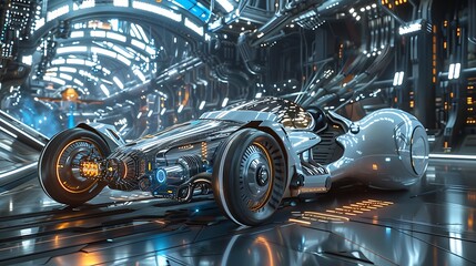 Futuristic Racing Vehicle in High-Tech Sci-Fi Environment with Neon Lights and Metallic Finish
