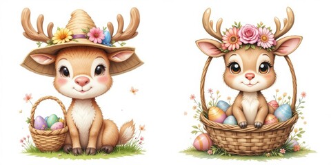 Fototapeta premium Sweet Antlered Friends Celebrate Easter with Flower Crowns and Baskets of Painted Eggs Joyful Cartoon