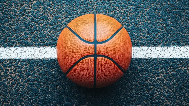 Overhead View of Basketball on Court Key Section Displaying Texture and Detail of Sport Equipment
