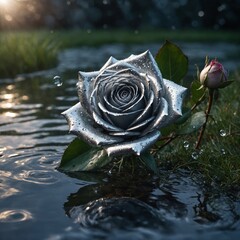 A mystical silver rose with shimmering petals, grass sparkling, with enchanted water in the background.