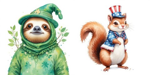 Fototapeta premium Patriotic Squirrel and Lucky Sloth Celebrating Holidays Whimsical Festive Animals Illustration