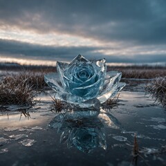 A crystal rose growing in icy grass, with an otherworldly glass lake reflecting a strange sky.