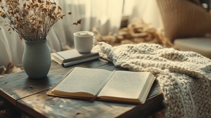 A haven of tranquility awaits, where a worn wooden desk beckons amidst a sea of soft hues. A notebook, dried wildflowers, and a cozy knit blanket invite contemplation amidst a warm, inviting ambiance.