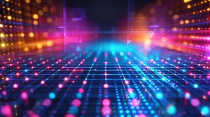Obraz premium Futuristic neon grid with vibrant lights and abstract digital patterns in a techno environment