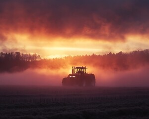 Fototapeta premium Tractor Sunrise Misty Field