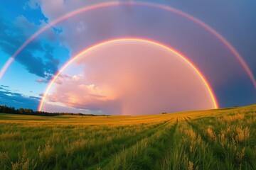 Naklejka premium A Stunning Double Rainbow Arches Over a Lush Green Field at Sunset, Creating a Breathtaking Natural Scenery in the Heart of the Countryside
