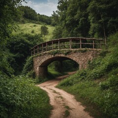 Fototapeta premium A small village bridge with a rustic dirt road surrounded by greenery.