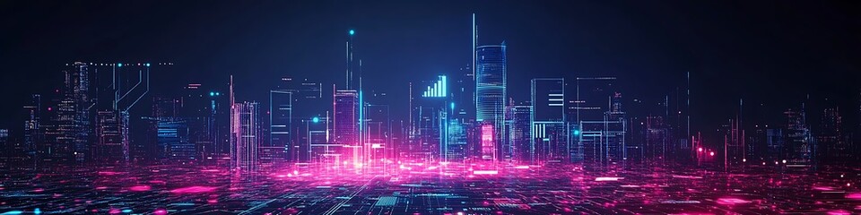 Fototapeta premium Futuristic Cityscape Illuminated By Neon Lights At Night