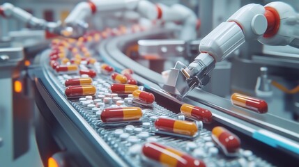 Pharmaceutical production facility with robotic arms assembling medication packages on a conveyor belt,