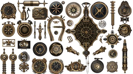Vintage Steampunk Gear Collection with Clockwork Designs and Intricate Mechanical Elements