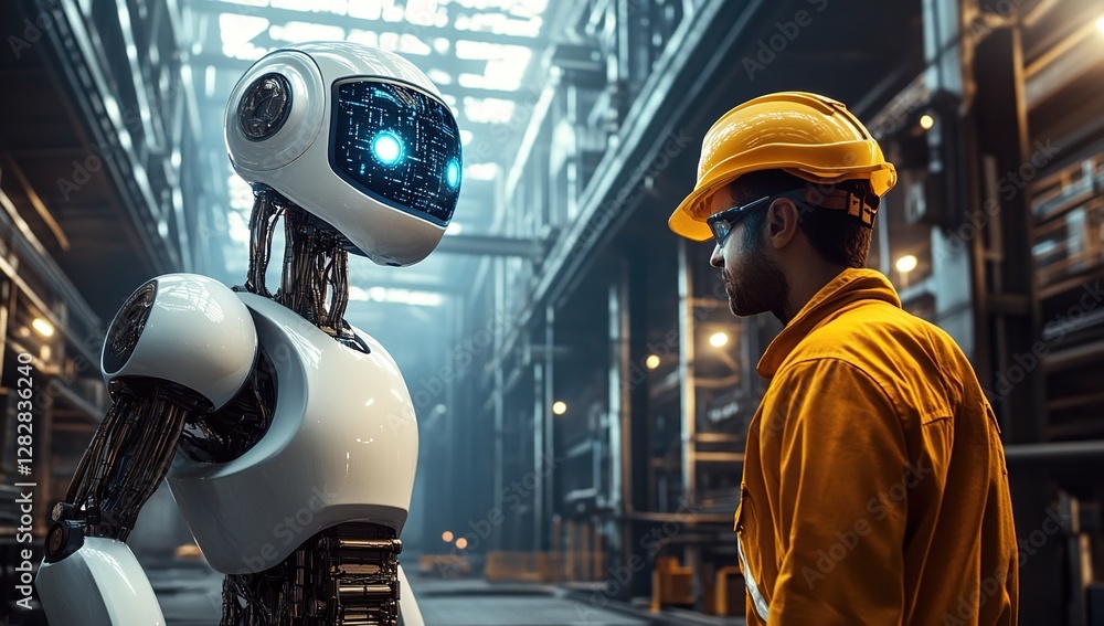 Aufkleber advanced robot meets industrial worker in factory setting: future of automation collaboration