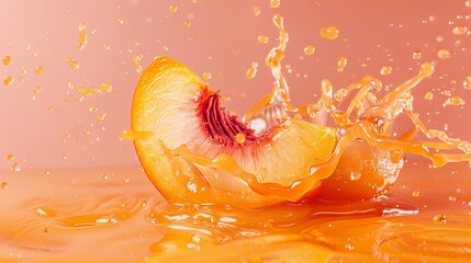 A vibrant peach slice splashes into orange juice, creating a lively and refreshing scene.