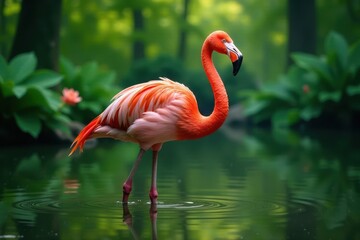 Obraz premium Pink flamingo wading in shallow water surrounded by lush greenery, birds, pink