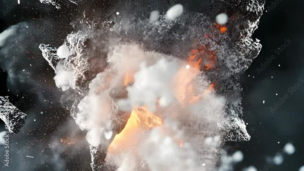 Poster explosive burst of flames and smoke creating dramatic visual effects in a dark environment
