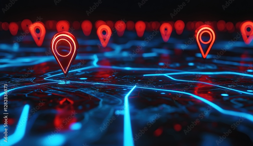 Aufkleber navigating digital maps: location tracking & gps technology with neon glowing pinpoints on futuristi