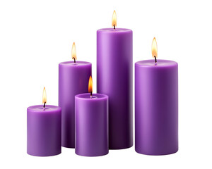 Purple candles in various sizes isolated on transparent background