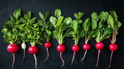 A symphony of vibrant hues unfolds on a sleek black surface, where crisp radishes and fragrant mint leaves are arranged in artful harmony, poised to elevate any culinary creation with their fresh,