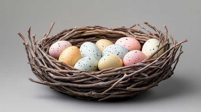 A rustic, natural nest, crafted from woven branches and adorned with colorful, speckled eggs, rests upon a muted gray backdrop, symbolizing the renewal and promise of spring.