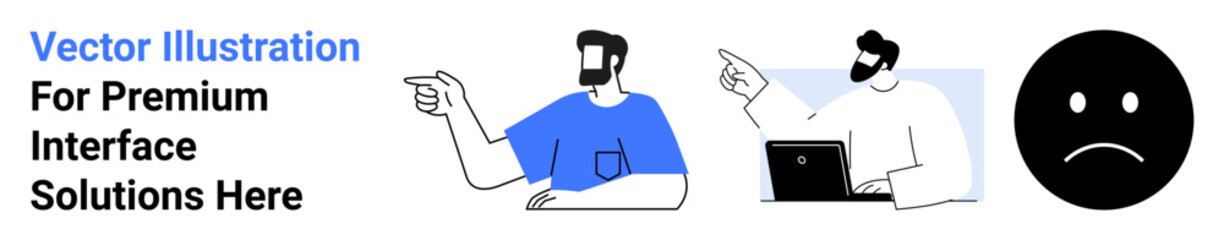 Two men discuss solutions, one using a laptop, while a sad face represents challenges. Ideal for teamwork, collaboration, technology, problem-solving, productivity business decision-making. Great