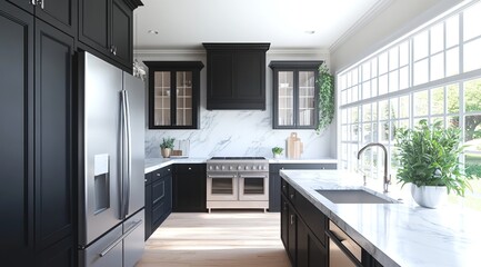 Obraz premium Modern Kitchen Design: Elegant Black Cabinets, Marble Countertops, and Stainless Steel Appliances in a Sunlit Room