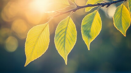 Obraz premium Yellow and Green Leaves on Branch Backlit by Golden Sunlight