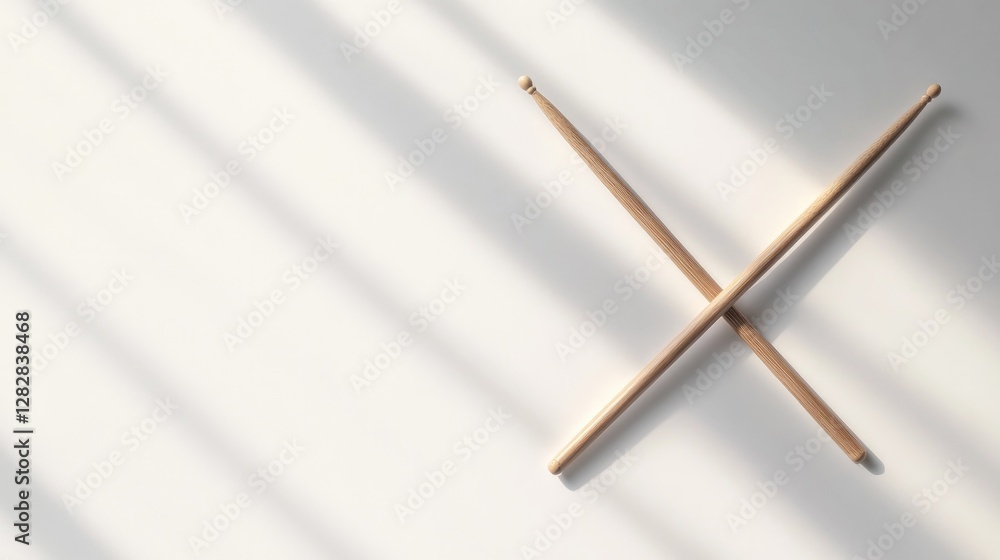 Poster clean shot of pair of drumsticks crossed on white surface surrounded by soft shadows and wide copy s