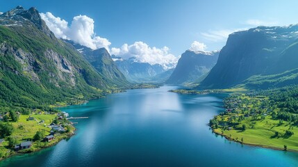 Fototapeta premium Scenic Norwegian Fjord, Aerial View of Village, Mountains, and Lake. Use Travel Brochure, Tourism, Nature