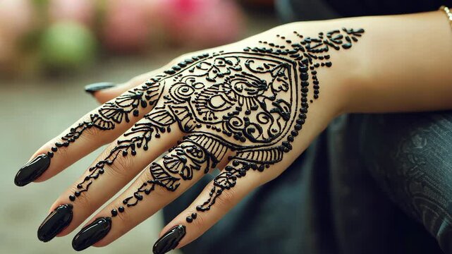 Intricate henna design on a hand with black nails, showcasing the artistry and cultural significance in a festive setting